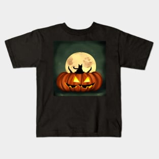 Black Cat Pumpkin Moon Kids T-Shirt